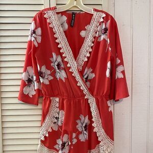 Design Lab Tangerine White Flower Pattern Romper